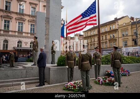 Secretary of State Michael R. Pompeo visits the “Thank You America” Memorial, in Pilsen, Czech Republic, on August 11, 2020. Stock Photo