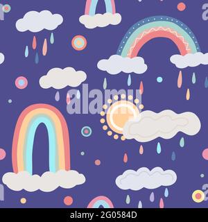 Cute childish pattern with different rainbows, cloud, sun on violet background with colorful drops and dots. Vector natural texture. Gentle rainy sky Stock Vector