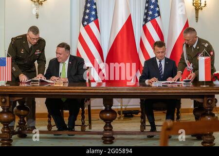 Secretary of State Michael R. Pompeo participates in a U.S.-Poland Enhanced Defense Cooperation Agreement Signing Ceremony with Polish President Andrzej Duda and Polish National Defence Minister Mariusz Błaszczak, in Warsaw, Poland, on August 15, 2020 Stock Photo