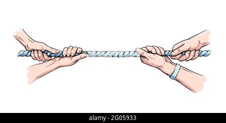 Tug war competition with rope. Hands pulling rope. Colored hand