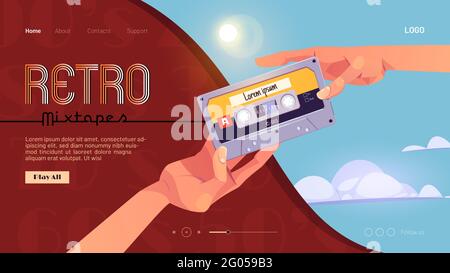 Retro mixtapes cartoon landing page with human hands giving audio cassettes to each other. Vector music collection of eighties or nineties ages. Mix tapes media storage, vintage analog devices Stock Vector