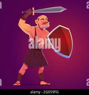 Ancient greek, spartan or roman warrior, gladiator with sword and shield. Vector cartoon illustration of antique brave man, trojan or barbarian soldier from history or mythology Stock Vector