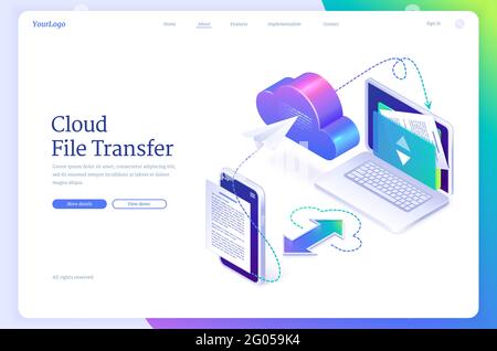 Cloud file transfer isometric landing page, hosting media server, service for private information upload and download. Gadgets connected in network system, digital data migration, 3d vector banner Stock Vector