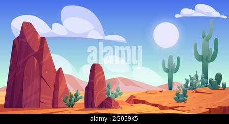 Desert landscape with rocks, cactuses and mountains on skyline. Vector cartoon illustration of hot sand desert in Africa with stones, dune, plants and sun in sky Stock Vector