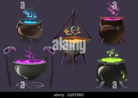 Witch cauldrons with boiling magic potions. Old cooking boilers with colored brew and steam. Vector cartoon set of copper cauldrons with sorcery poisons, witchcraft equipment Stock Vector