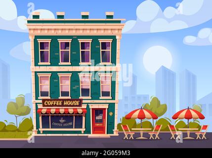 Coffee house with outdoor terrace, summer city cafe on building ground floor with glass showcase, wooden tables, chairs and umbrella. Street drinks and snacks cafeteria, Cartoon vector illustration Stock Vector