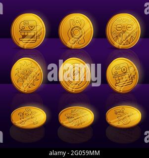 Set of gold coins with Mayan or Aztec tribal animals and idols. Ui game assets, Mexican mesoamerican ethnic money. Ancient civilization vector signs dragon or lion head, lizard, turtle and snake, sun Stock Vector
