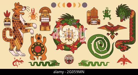 Set of Mayan or Aztec patterns, tribal mexican mesoamerican culture decorative elements, ethnic ornaments dragon, leopard, turtle, moon or sun, bug, idol with snake. Ancient civilization vector tattoo Stock Vector