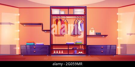 Spacious walk-in closet or dressing room full of male and female clothes. Dresses hang on hangers, bags and boxes with footwear on wardrobe shelves and illuminated mirrors cartoon vector illustration Stock Vector