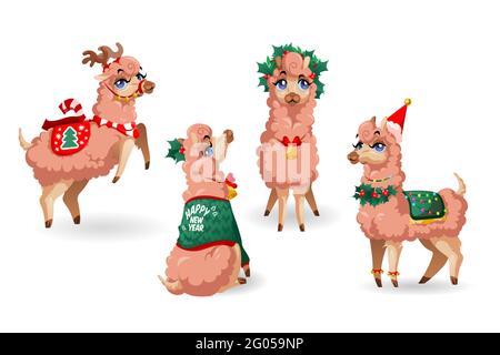 Cute llama character with New Year decoration isolated on white background. Vector cartoon set of adorable alpaca with holly leaves, reindeer horns and red Santa hat. Vicuna with Christmas garland Stock Vector