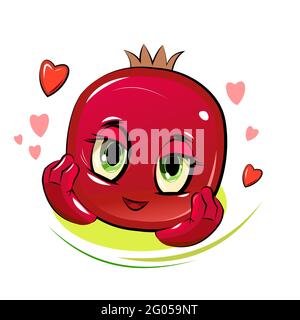 Pomegranate cheerful smile. Juicy red fruit with a muzzle. Cartoon Isolated over white background. Vector illustration. Stock Vector