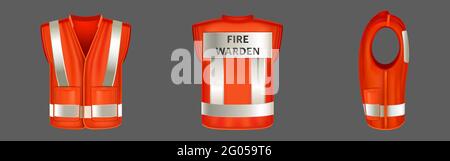Red safety vest with reflective stripes, uniform for fire warden. Vector realistic 3d waistcoat with reflectors and pockets for firefighter in front, back and side view isolated on gray background Stock Vector
