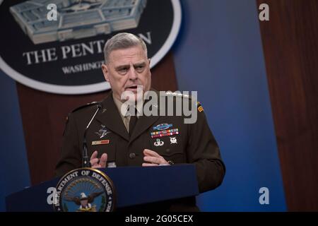Reportage:  Secretary of Defense Dr. Mark T. Esper and Chairman of the Joint Chiefs of Staff Army Gen. Mark A. Milley speak to reporters at the Pentagon, Washington, D.C., March 2, 2020. Stock Photo