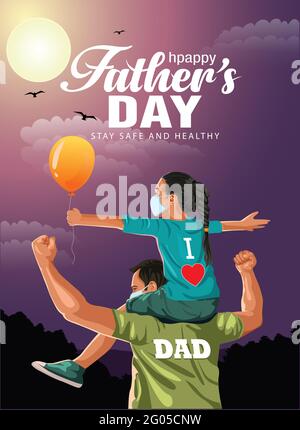 Father giving daughter ride on back in park. Portrait of happy father giving son piggyback ride on his shoulders and looking up. face mask wearing, co Stock Vector