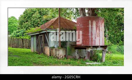 Old shed and water tank in an outdoor backyard after rainfall when the grass and foliage are lush and green, with white mat frame Stock Photo