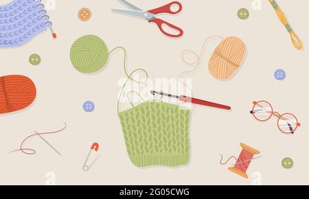 Crochet knitting process. Balls of yarn. Top view of the workplace. Tailor shop elements. Hand drawn vector illustration in flat cartoon style Stock Vector