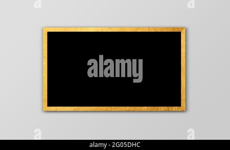 One Golden Photo frame with Black Blank and gold Borders. Rectangular horizontal picture frame. painting and photography mock up. 3D illustration. Stock Photo
