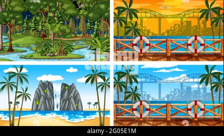 Four different nature horizontal scenes illustration Stock Vector