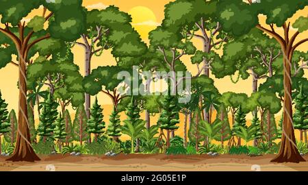 Forest at sunset time landscape scene with different wild animals ...