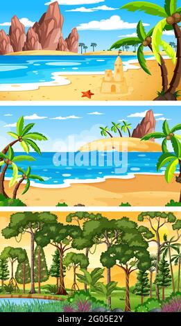 Three different nature horizontal scenes illustration Stock Vector