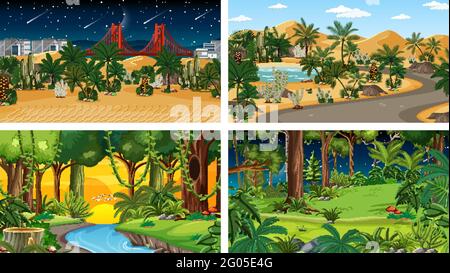 Four different nature horizontal scenes illustration Stock Vector