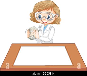 Cute girl wearing scientist uniform with blank paper on the table illustration Stock Vector