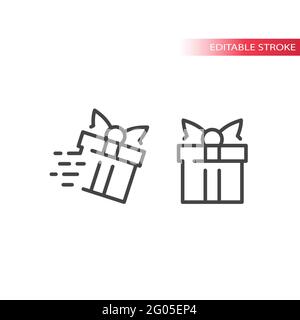 Gift box with speed marks line vector icon. Fast delivery symbol, editable stroke. Stock Vector