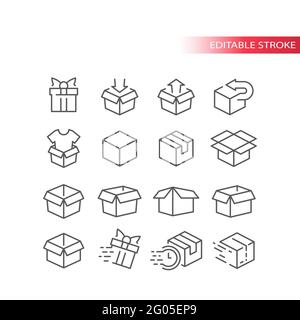 Outline box vector icon set. Open, closed, package parcel boxes. Editable stroke. Stock Vector