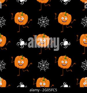 Cute dark seamless pattern with pumpkins, cobwebs and spiders. Halloween party decoration. Vegetable print with a smirk. Festive background for paper Stock Vector