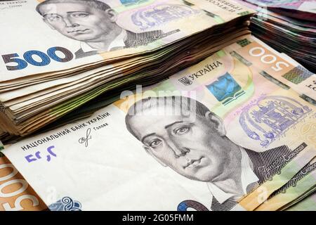 Heap of Ukrainian currency hryvnia uah. Money of Ukraine. Stock Photo