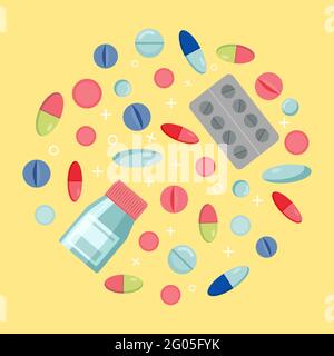 Set of vector pills, capsules, blister and jar Stock Vector