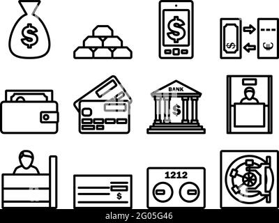 Bank Icon Set. Editable Bold Outline With Color Fill Design. Vector ...