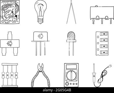 Soldering Icon Set. Hand Drawn Doodle Sketch Design. Vector Illustration. Stock Vector