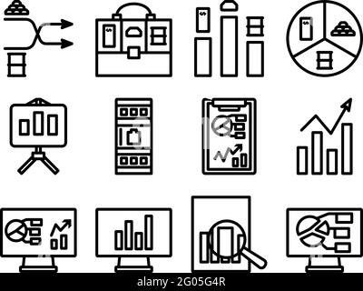 Analytics Icon Set. Editable Bold Outline Design. Vector Illustration. Stock Vector