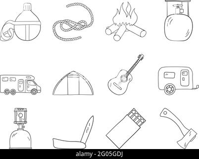 Camping Icon Set. Hand Drawn Doodle Sketch Design. Vector Illustration. Stock Vector