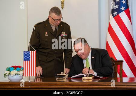 Secretary of State Michael R. Pompeo participates in a U.S.-Poland Enhanced Defense Cooperation Agreement Signing Ceremony with Polish President Andrzej Duda and Polish National Defence Minister Mariusz Błaszczak, in Warsaw, Poland, on August 15, 2020 Stock Photo