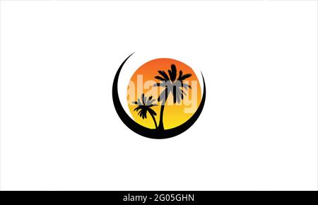 Tree at beach sunset in summer logo design illustration vector template  symbol Stock Vector