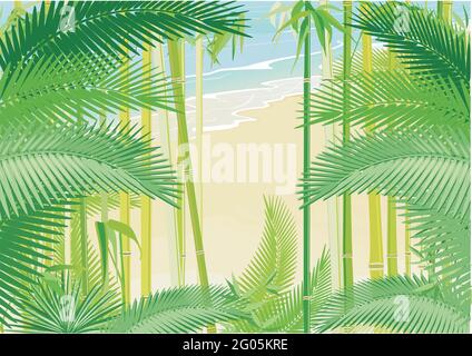 Tropical jungle with palm trees on the seashore Stock Vector