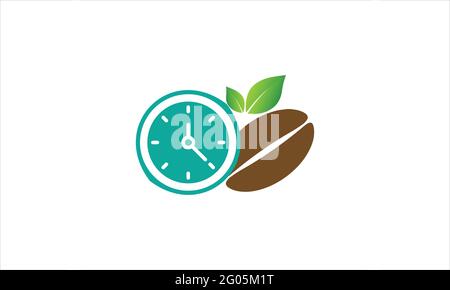 Green Coffee leaf  beans with time clock icon logo design illustration Stock Vector