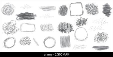 Black lead pencil drawings. A set of elements for design: strokes, frames, spots, stripes, lines, scribbles. Grey colors. Empty space for text. Vector Stock Vector