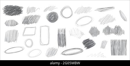 Black lead pencil drawings. A set of elements for design: strokes, frames, spots, stripes, lines, scribbles. Grey colors. Empty space for text. Vector Stock Vector