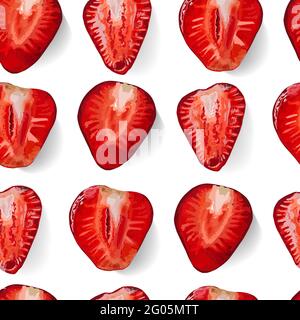Strawberry pattern. Bright summer pattern seamless. Summer trending design. Summer 2021. Realistic strawberry. Berries drawing. Stock Vector