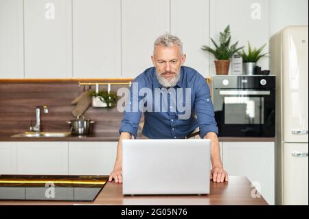 Front view at senior man freelancer stands near countertop in the kitchen and staring at the laptop screen with serious face expression Stock Photo