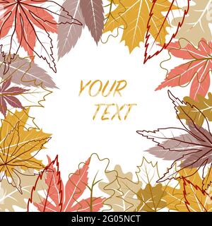 Autumn frame with colorful and contour outline leaves. Vector illustration of autumn composition. Autumn, fall concept. Stock Vector