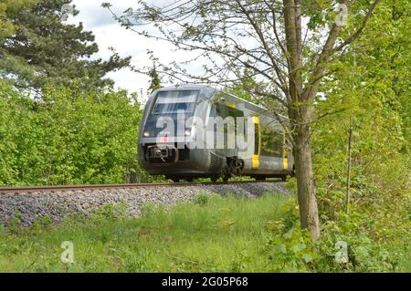 Leipzig, Germany. 15th May, 2021. On the way between Geithain in Saxony and Leipzig Central Station 'The Geithainer'. With an eye-catching paint scheme (bright yellow doors, affectionately called 'toy train') and a special feature (1-class compartment), the Deutsche Bahn class 641 regional train travels through the Oberholz forest area here. Credit: Volkmar Heinz/dpa-Zentralbild/ZB/dpa/Alamy Live News Stock Photo