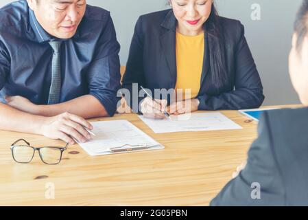Job applicants having an interview with Human resource manager. Jobs interview with confident candidate in an office. Stock Photo