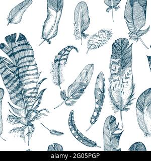 Seamless pattern Realistic sketch of bird Feather on isolated background. Detailed ink Line pen Clip Art, Black and White Boho Clipart. Hand Drawn Stock Vector