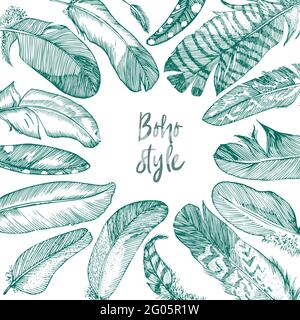 Realistic sketch of bird Feather on isolated background. Square banner. Detailed ink Line pen Clip Art, Black and White Boho Clipart. Hand Drawn Stock Vector