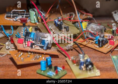 Electrical Components On Circuit Board - LED, Resistor, Capacitor Stock Photo