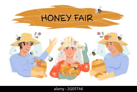 Honey fair or market banner template with beekeepers characters, flat vector illustration isolated on white background. Sale of honey and beekeeping p Stock Vector